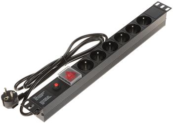 19" rozvodný panel 1U, 6x 230 V, 1,8 m černý, s podsvíceným vypínačem a pojistkou