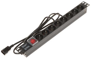 19" rozvodný panel 1U, 8x 230 V, 1,8 m černý, IEC, s podsvíceným vyp.